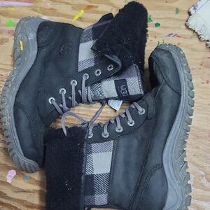 UGG Black and Gray High-Top Boots with Plush Collar